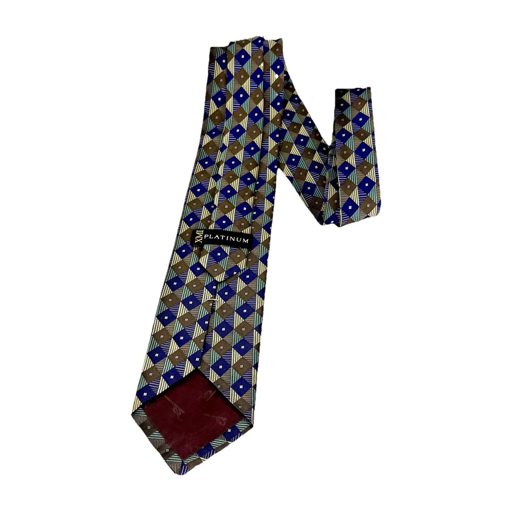 XMI‎ Platinum Imported Silk Necktie, Made In The USA Geometric Deep Purple Brown
